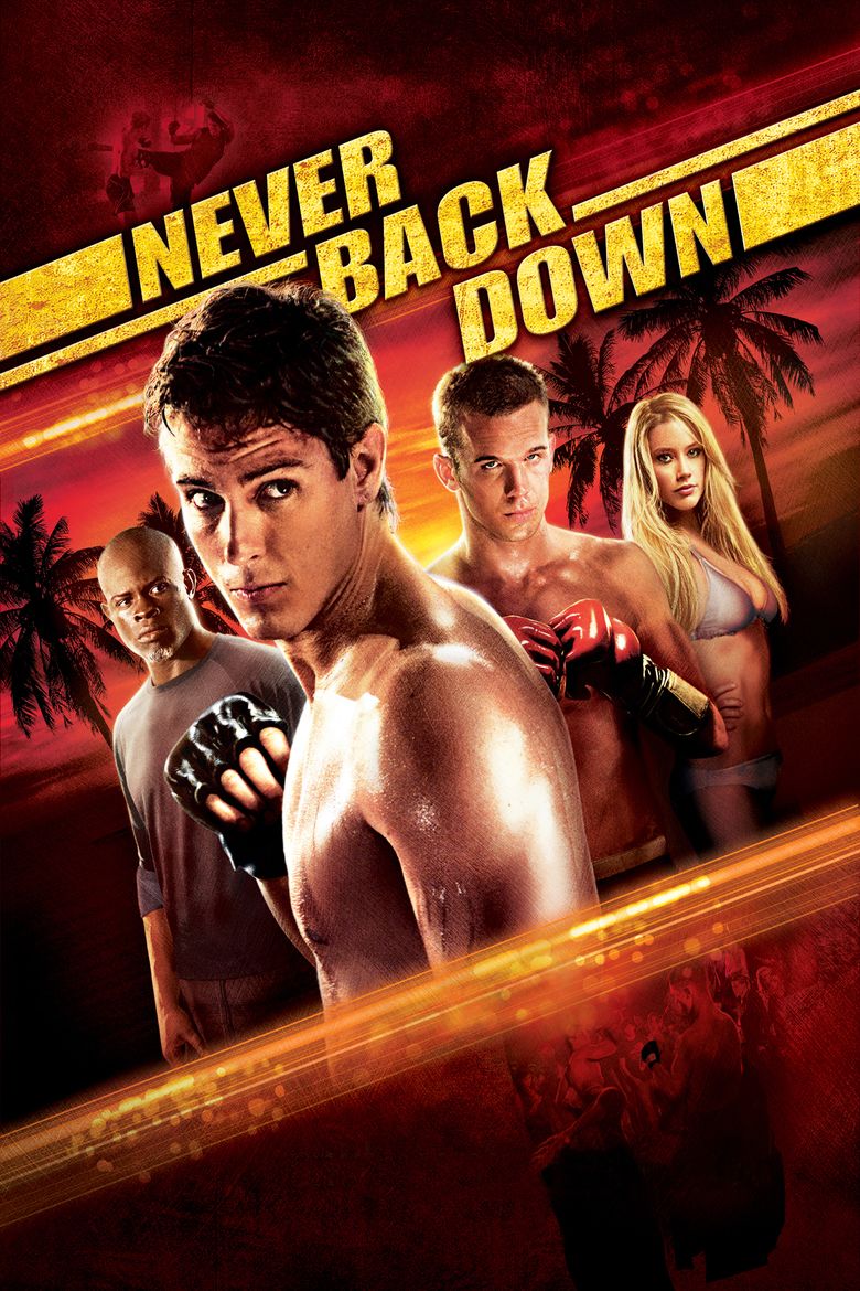 From left to right, Djimon Hounsou, Sean Faris, Cam Gigandet, and Amber Heard in a movie poster of the 2008 American martial arts film “Never Back Down”. Djimon seriously looking at someone, has a bald, a mustache, and wearing a black long sleeve shirt and pants, Sean is seriously looking at someone too, has black hair with a fist on his right wearing martial arts gloves in his right hand and topless, Cam is seriously looking, has a blonde hair, wearing boxing gloves, topless and shorts while Amber is smiling and standing while her right hand in her right waist, she has blonde long hair and wearing a bikini bra and panty