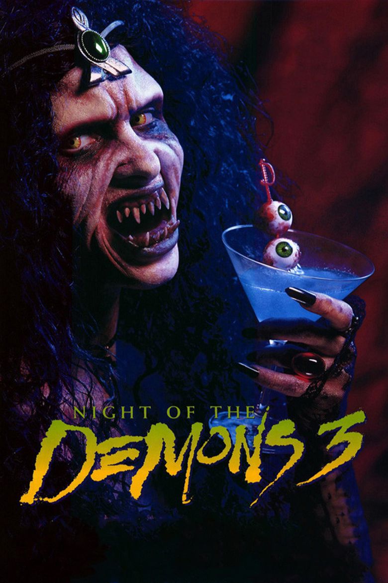 A movie poster of the 1988 film Night of the Demons 3 featuring Amelia Kinkade holding a glass of wine with a stick of eyeballs on it, having a curly hair, pointed teeth, black nail polish, and wearing a red oval ring and a headdress
