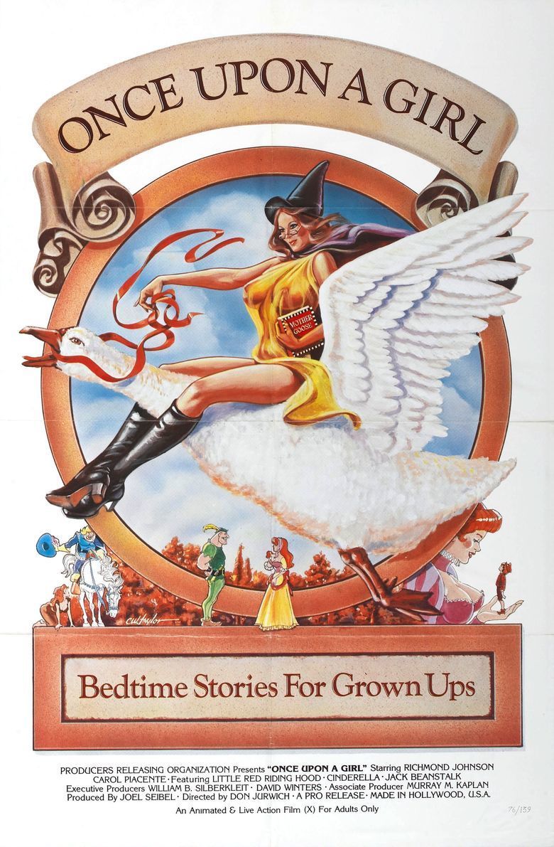 A woman riding on the goose in the movie poster of the 1976 live-action animated erotic film, Once Upon a Girl