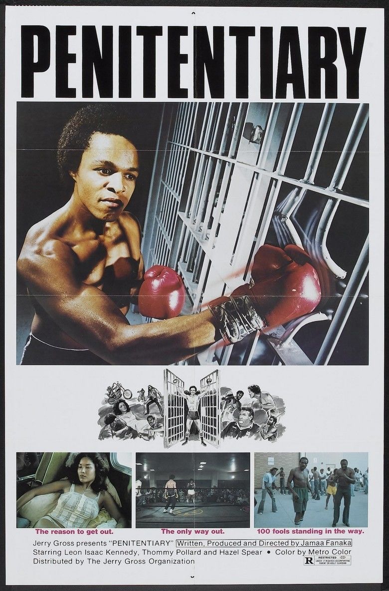 Leon Isaac Kennedy wearing boxing gloves in the theatrical release poster of the 1979 American blaxploitation drama film, Penitentiary