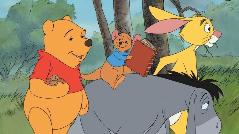 The movie scene of Piglet's Big Movie 2003, In a forest with grass land, trees and bushes, from left Winnie the Pooh is smiling, walking, holding a cookie with his right arm has round ears yellow and skin wearing a red shirt, 2nd from left, Roo is smiling, sitting at the back of Eeyore, holding a brown book, has large ears and tail wearing a blue long sleeve, 3rd from left, Eeyore is serious, has long gray ears, black hair and gray body, at the right, Rabbit is serious, walking, has long ears, yellow skin and brown nose.