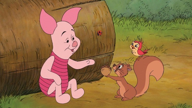 The movie scene of Piglet's Big Movie 2003, In a land with grass and trunk at the back with a red ladybug, from left, Piglet is sitting, leaning back to the trunk, right hand on his knee, left hand reaching the nut from Squirrel, has round Pointy ears, and pink body, in the middle, a Squirrel is happy, holding a acorn nut, has brown skin with whiskers and large tail, at the right, A bird is smiling, standing at the tail of Squirrel has orange and yellow body.