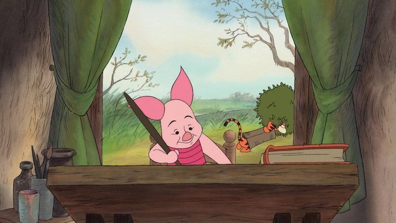 The movie scene of Piglet's Big Movie 2003, In a room with green curtains around a large window on the left has bottles, cups with brushes and a table with a book on top, at the back is Tiger hiding his head in a bush and his body in a trunk with his tail showing, has orange skin and black pattern, in front, Piglet is smiling, sitting on a wooden chair, painting with his right hand, has round pointy pink ears and pink body.