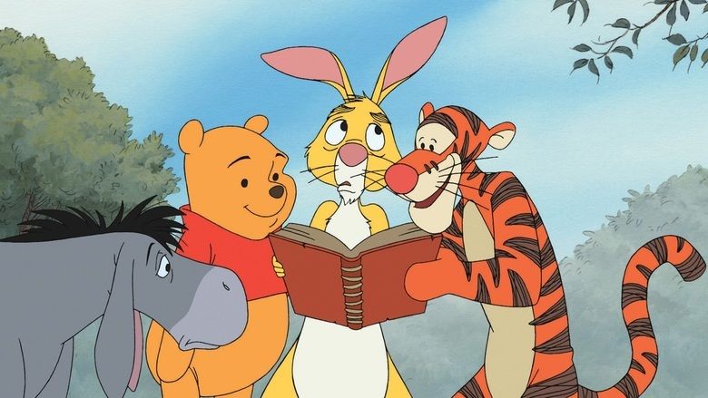 The movie scene of Piglet's Big Movie 2003, In a forest with grass land, trees and bushes, from left, Eeyore is serious, looking at the book, has long gray body and black hair, 2nd from left, Winnie the Pooh is smiling, standing, looking at the book, has round ears and orange yellow skin, wearing a red shirt, 3rd from left, Rabbit is confused, looking up standing while holding the brown book, has long ears and yellow skin, at the right, Tiger is smiling, standing while looking at the book and holding it with his left hand, has round ears and orange body with black pattern.