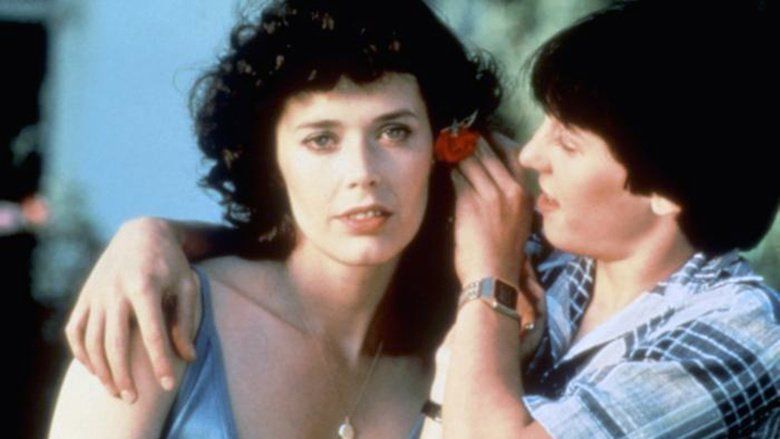 Sylvia Kristel and Eric Brown in the movie scene of Private Lesson, a 1981 film