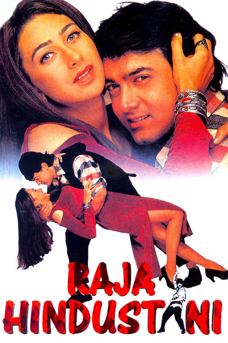 The movie poster of "Raja Hindustani" (1996) featuring Aamir Khan as Raja Hindustani, and Karisma Kapoor as Aarti Sehgal hugging each other