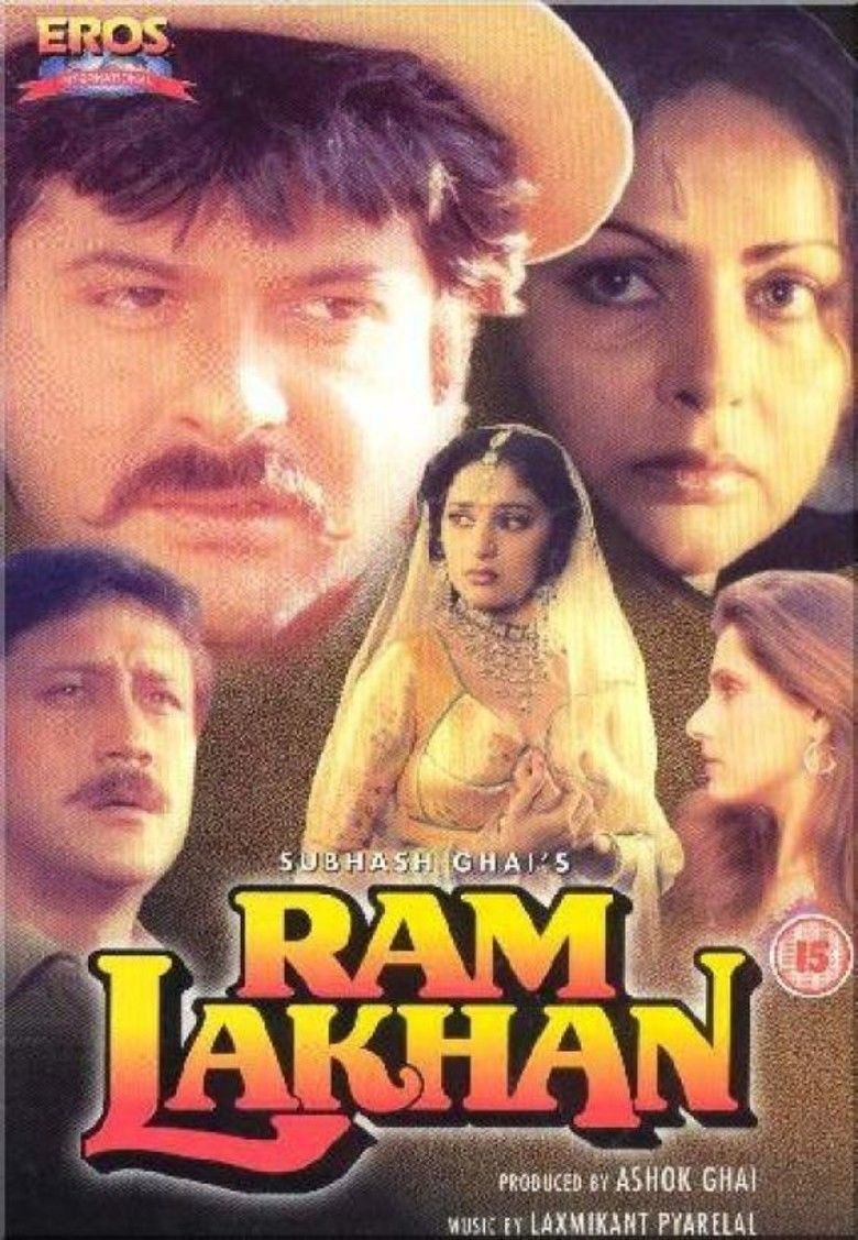 Movie poster of Ram Lakhan, a 1989 Indian Hindi-language masala film starring Anil Kapoor, Jackie Shroff, Dimple Kapadia, Dalip Tahil, Rakhee Gulzar, and Madhuri Dixit in the lead roles.