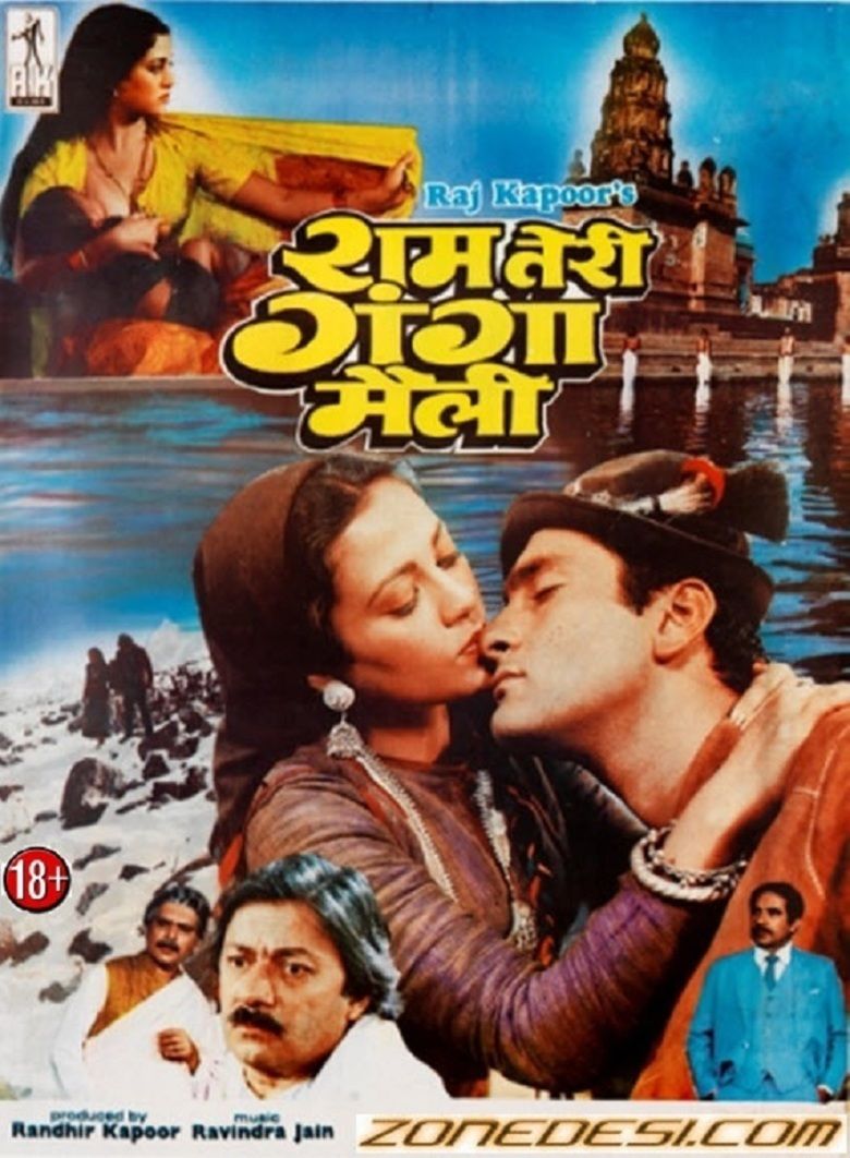 In the movie poster of Ram Teri Ganga Maili 1985, in the middle, is the movie title Ram Teri Ganga Maili in Indian language, on the top left Mandakini is serious, looking at her left side, breastfeeding a baby with a black shirt and shorts while holding it re building, on the left middle is a silhouette of two people in a swith her right arm, left arm widespread holding a yellow cloth while sitting, has long black hair wearing a necklace, yellow top and orange bottom indian dress. At the top right is an Indian architectunowy mountain with rocks, at the right middle is Mandakini is serious, her lips touching Rajiv Kapoor’s nose while her right hand on top of his shoulder, has long black hair, wearing a brown cloth over her hair, big silver earrings, necklace, silver bracelets on her right hand, and a purple and brown long sleeve, next to her is Rajiv Kapoor, is serious, eyes closed, has black hair wearing a brown cap with white and brown feather brush and a brown jacket, on the left bottom an 18+ in a red circle, From bottom left Raza Murad is serious while standing, left hand up closed, has gray hair and mustache wearing a brown shirt with white sleeves and a white cloth over his clothes, 2nd from bottom left is Saeed Jaffrey serious with his grumpy eyes has gray hair and mustache wearing a white top,  at the right side, Kulbhushan Kharbanda is serious, standing while his hands on his pocket, has black hair, mustache, wearing a white collar shirt with blue tie and a light blue coat.