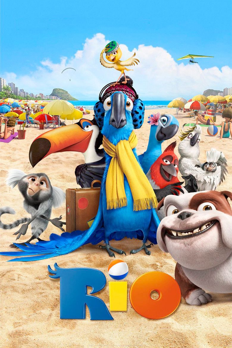 The movie poster of RIO 2011, from left is Mauro a marmoset smiling, standing with his arm and legs in crossed pose with his left hand posing with two fingers and right hand in rock pose,  has gray and black color fur, 2nd from left is Rafael standing behind blue (middle) smiling, has long orange with black end of the beak has black and white pattern of body and black feathers, in the middle is Blu a blue Spix’s macaw,  is confused while standing with his feather down on the side and a brown leather case in his back has black beak, blue body and blue feathers and black feet and claws wearing a red bonet a blue with black dots headset and a yellow scarf, on top of Blu (middle) is Nico a yellow canary, is happy, beak is half open posing with her right wings holding her green hat a bottle cap of can, has yellow body and a white feather, 5th from left is Jewel a Spix’s macaw, is smiling on behind Blu (middle) has blue eyes and white pattern on her face, black beak and a pink flower on her right face, 6th from left is Pedro a red crested cardinal, is happy, standing behind Blu (middle) beak half mouth open, both feather over his chest has a red head, with a red bib and a short red crest and silver feather, at the right is Nigel Sulphur-crested cockatoo, is smiling with his grumpy eyes, has yellow crest, black beak white body and feathers, at the bottom right is Luiz a bulldog, is smiling wide, while standing in front, has brown pattern over his left eye to his ear has white and brown body and brown eyes, in the middle of a white sand beach with  a crowded umbrella and people under it.