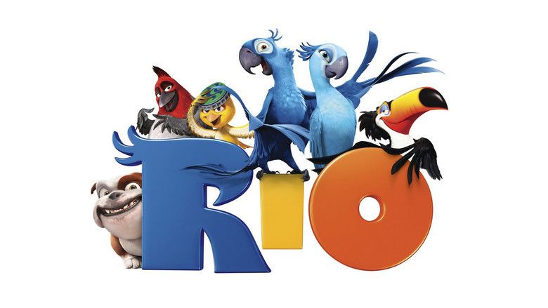 In the movie scene of Rio 2011, in the middle is the title of the movie RIO, from left is Luiz a bulldog, is smiling wide, while standing in the back of the letter R in blue color, has brown pattern over his left eye to his ear has white and brown body and brown eye, 2nd from left Pedro a red crested cardinal, is happy, standing behind the letter R, beak half mouth open, both feather over his chest has a red head, with a red bib and a short red crest and silver feather, 3rd from left, Nico a yellow canary, is happy, beak is half open posing with her right wings holding her green hat a bottle cap of can behind the letter R, has yellow body and a white feather, in the middle is Blu a blue spix’s macaw is smiling, standing with his left wing open, on top of the letter I in yellow color, has black beak, blue body and feather, 2nd from right is Jewel a Spix’s macaw, is smiling on behind the letter O in orange color, has blue eyes and white pattern on her face, black beak blue body and feathers, at the right Rafael is smiling standing behind Letter O with his wings over his chest, has long orange with black end of the beak has black and white pattern of body and black feathers.