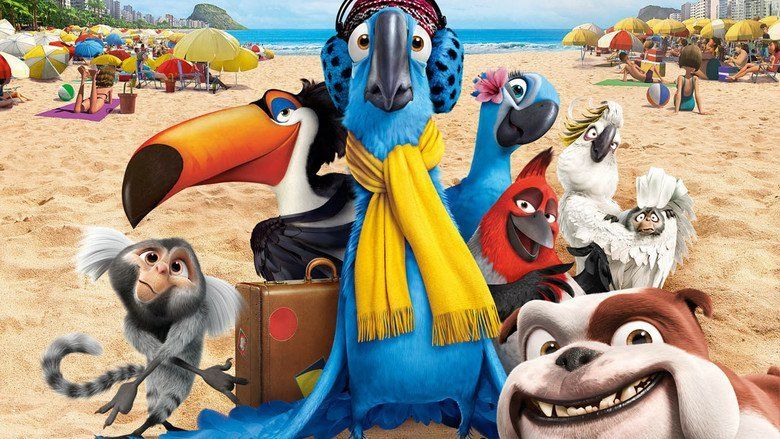The movie poster of RIO 2011, from left is Mauro a marmoset smiling, standing with his arm and legs in crossed pose with his left hand posing with two fingers and right hand in rock pose,  has gray and black color fur, 2nd from left is Rafael standing behind blue (middle) smiling, has long orange with black end of the beak has black and white pattern of body and black feathers, in the middle is Blu a blue Spix’s macaw,  is confused while standing with his feather down on the side and a brown leather case in his back has black beak, blue body and blue feathers and black feet and claws wearing a red bonet a blue with black dots headset and a yellow scarf, on top of Blu (middle) is Nico a yellow canary, is happy, beak is half open posing with her right wings holding her green hat a bottle cap of can, has yellow body and a white feather, 5th from left is Jewel a Spix’s macaw, is smiling on behind Blu (middle) has blue eyes and white pattern on her face, black beak and a pink flower on her right face, 6th from left is Pedro a red crested cardinal, is happy, standing behind Blu (middle) beak half mouth open, feathers both feather over his chest has a red head, with a red bib and a short red crest and silver feather, at the right is Nigel Sulphur-crested cockatoo, is smiling with his grumpy eyes, has yellow crest, black beak white body and feathers, at the bottom right is Luiz a bulldog, is smiling wide, while standing in front, has brown pattern over his left eye to his ear has white and brown body and brown eyes, in the middle of a white sand beach with  a crowded umbrella and people under it.