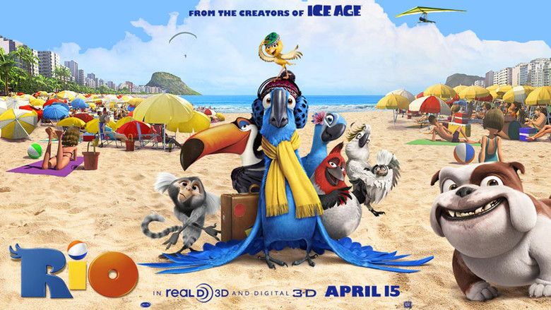 The movie poster of RIO 2011, from left is Mauro a marmoset smiling, standing with his arm and legs in crossed pose with his left hand posing with two fingers and right hand in rock pose,  has gray and black color fur, 2nd from left is Rafael standing behind blue (middle) smiling, has long orange with black end of the beak has black and white pattern of body and black feathers, in the middle is Blu a blue Spix’s macaw,  is confused while standing with his feather down on the side and a brown leather case in his back has black beak, blue body and blue feathers and black feet and claws wearing a red bonet a blue with black dots headset and a yellow scarf, on top of Blu (middle) is Nico a yellow canary, is happy, beak is half open posing with her right wings holding her green hat a bottle cap of can, has yellow body and a white feather, 5th from left is Jewel a Spix’s macaw, is smiling on behind Blu (middle) has blue eyes and white pattern on her face, black beak and a pink flower on her right face, 6th from left is Pedro a red crested cardinal, is happy, standing behind Blu (middle) beak half mouth open, feathers both feather over his chest has a red head, with a red bib and a short red crest and silver feather, at the right is Nigel Sulphur-crested cockatoo, is smiling with his grumpy eyes, has yellow crest, black beak white body and feathers, at the bottom right is Luiz a bulldog, is smiling wide, while standing in front, has brown pattern over his left eye to his ear has white and brown body and brown eyes, in the middle in the middle of a white sand beach with  crowded umbrella and people under it and buildings at both sides.