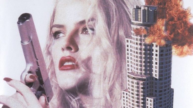 Movie poster of Skyscraper, a 1996 direct-to-video American film starring Anna Nicole Smith as Carrie Wink holding a gun beside a burning building, with a serious face and curly blonde hair.