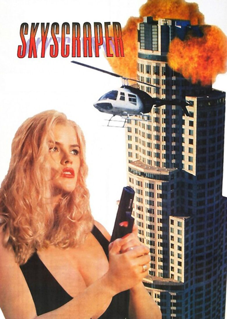 Movie poster of Skyscraper, a 1996 direct-to-video American film starring Anna Nicole Smith as Carrie Wink holding a gun in front of a burning building and helicopter, with a serious face, curly blonde hair, and wearing a black sleeveless low cut top.