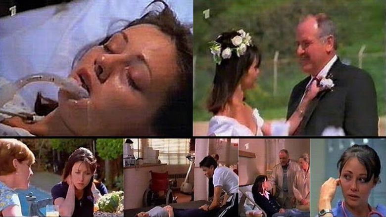 The movie scene of Sleeping with the Devil (film) 1997, from left 1st row 1st column, a woman asleep, mouth half open, lying in a bed with a air tube in her mouth with a leaking saliva, has black hair wearing a hospital gown, from left 1st row, 2nd column, a woman(left) standing with her left hand fixing the flower on the mans chest, has black hair with white flowers on top wearing a gold necklace, old bracelet and white dress, a man(right) standing looking at the woman, has gray hair and a mustache, wearing a white polo with black tie under a black tuxedo with flowers on his left chest. From left 2nd row 1st column, a woman(left) is serious, sitting on a chair looking down, has short blonde hair, wearing a blue flower printed shirt, Shannen DOHERTY(right) is serious, looking down sitting in a chair in an outdoor pool at the back and a table with green plant on top, 
Both hands on the back of her neck, has long brown hair wearing a dark blue shirt, From left 2nd row 2nd column, a woman(right) lying on the ground, in a room with a wheelchair at the back, has black hair, wearing a gray shirt and black pants, a man(right) kneeling on the ground while leaning forward with his hand on the leg of the woman(left) pressing down, has black hair wearing a white shirt black watch and black pants with white lines, from left 2nd row 3rd column, on the left Shannen Doherty, sitting in hospital bed has black long hair wearing a white polo and dark blue coat, in the middle a man is serious, standing, looking down, has black bald hair, wearing a blue shirt under a white jacket, at the right, a woman is serious, standing, looking down at her right, hands down together, has gray old hair, wearing a white long sleeve, from left 2 row 4th column, Shannen Doherty, sitting looking at her right, with his hand over her right ear, has black hair wearing a silver watch and blue nurse uniform.