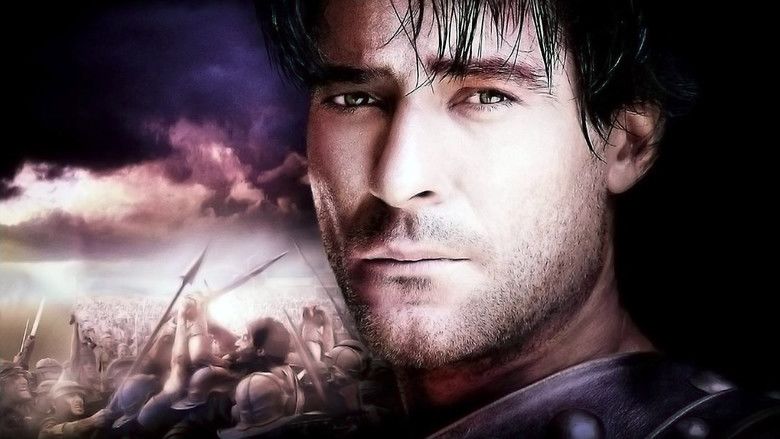 Poster of Spartacus, a 2004 North American miniseries featuring Goran Visnjic with a serious face, with thin beard and mustache, and wearing armor.