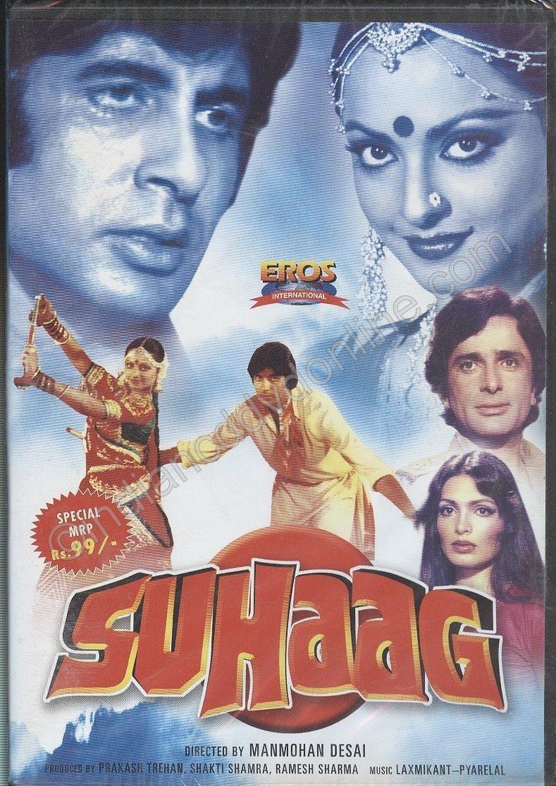 The movie poster of Suhaag (1979 film) starring Amitabh Bachchan, Shashi Kapoor, Rekha, and Parveen Babi