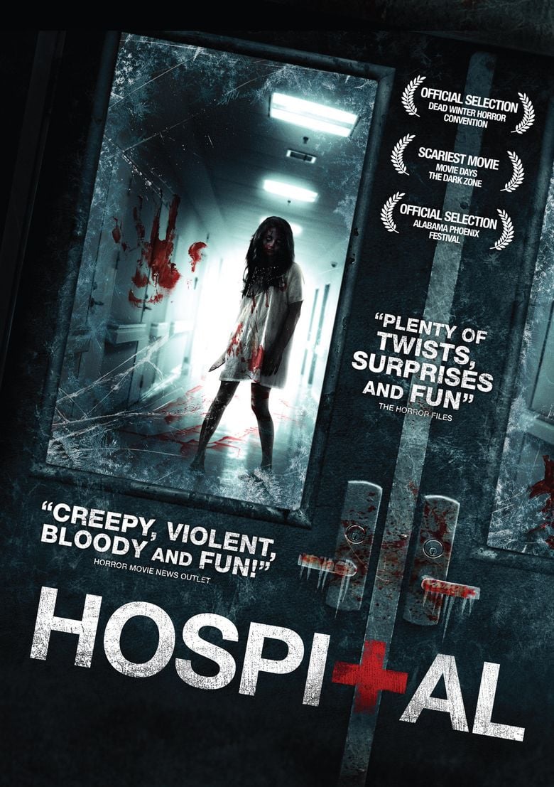 Poster of "The Hospital", a 2013 horror film featuring a girl wearing a white shirt with blood and holding a knife.