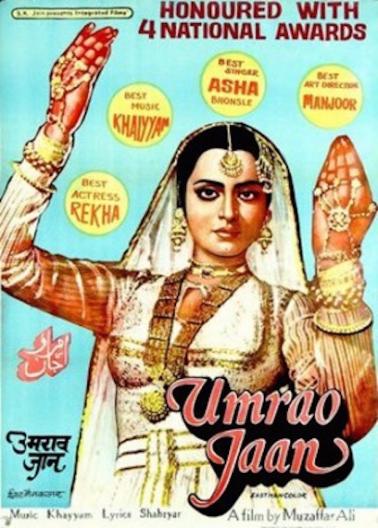 A poster of the 1981 film "Umrao Jaan" featuring an illustration of Rekha