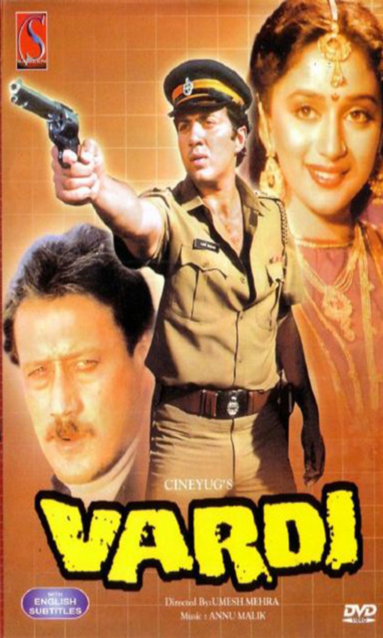 Jackie Shroff, Sunny Deol, and Madhuri Dixit in the movie poster of the 1989 Bollywood action crime film, Vardi