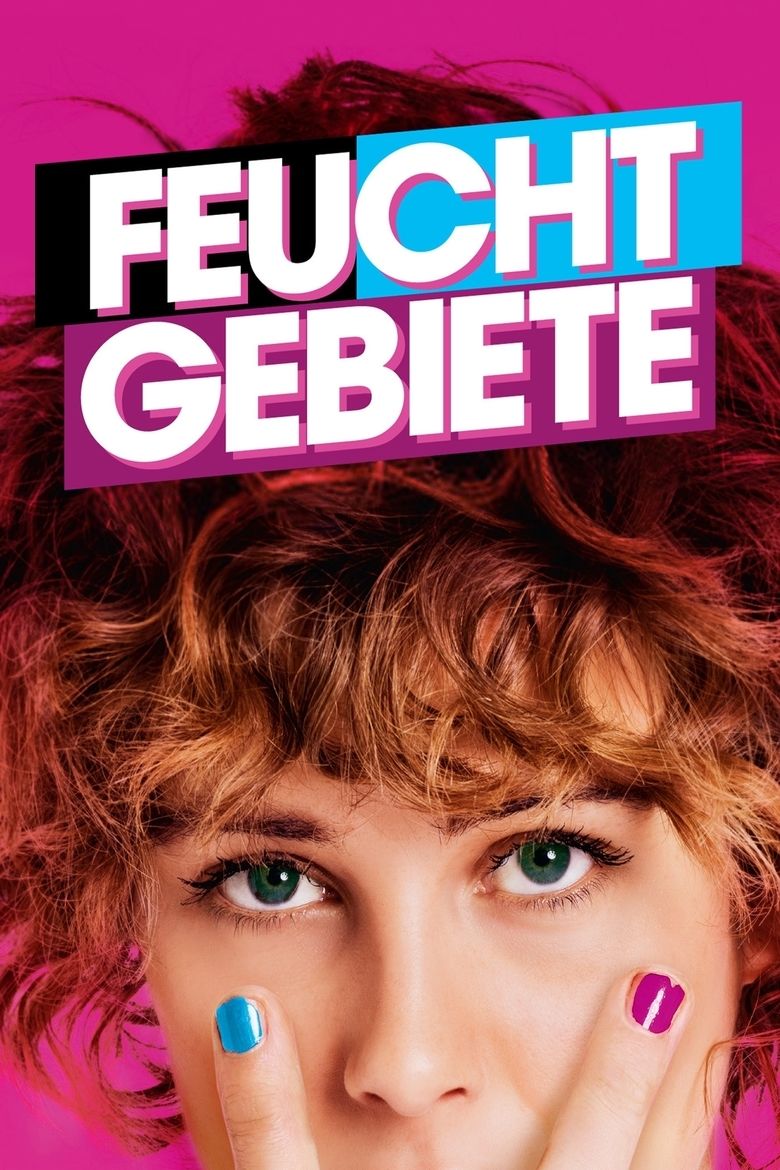 Carla Juri with short curly hair and blue and violet nail polish in the movie poster of the 2013 German drama film, Wetlands