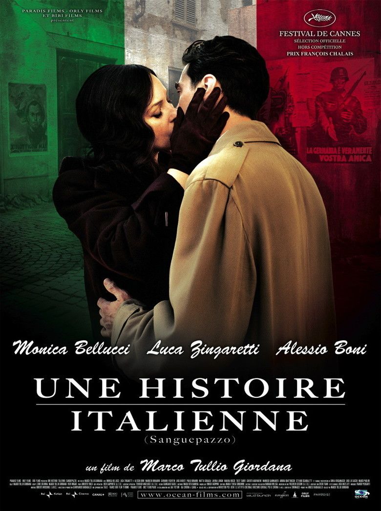 Monica Bellucci and Alessio Boni kissing each other in the movie poster of the 2008 Italian film, Wild Blood (Sanguepazzo)