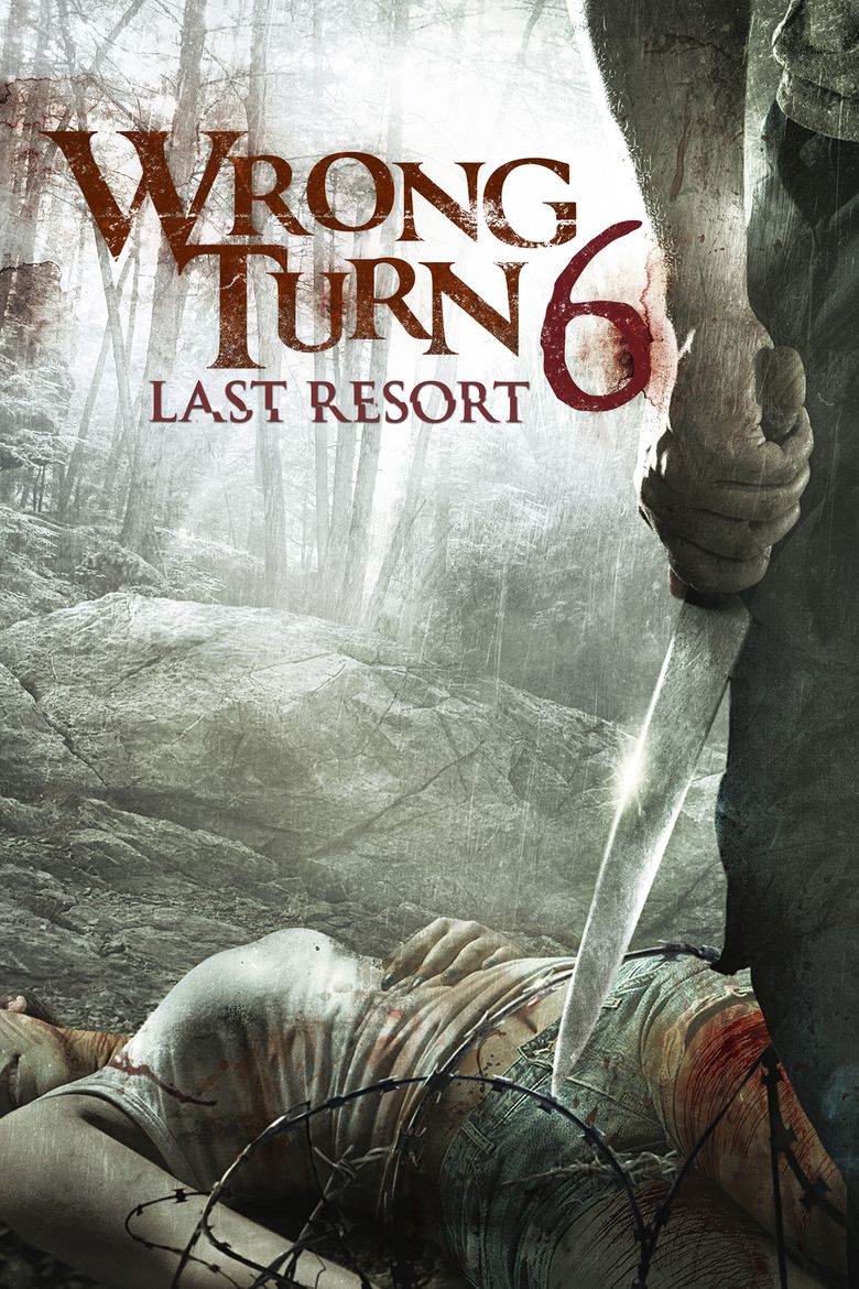 The movie poster of Wrong turn 6 last Resort 2014, A dead woman (left) lying on the ground has black painted nails and blood all over her body wearing a white tank top, denim shorts, and a man (right) standing holding a knife wearing gray cargo pants.