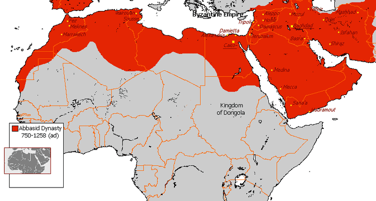 Map showing the Abbasid Caliphate Dynasty in 750-1258 A.D.