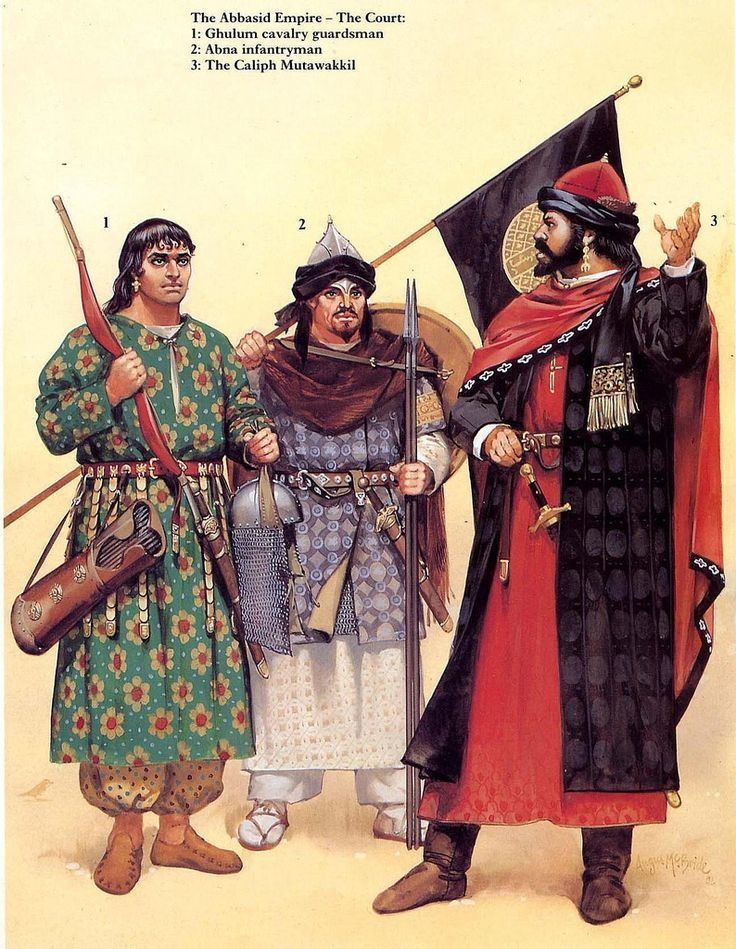 Poster of the Abbasid Empire - The Court featuring the Ghulum Cavalry Guardsman, Abna Infantryman, and The Caliph Mutawakkil.