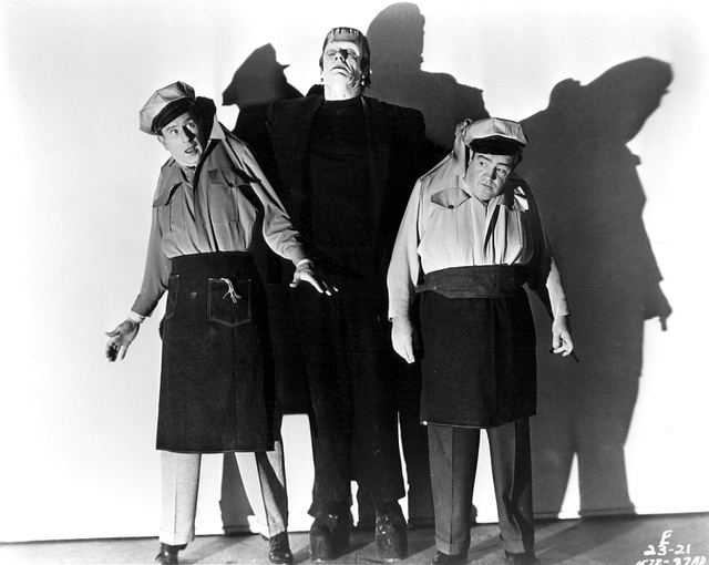 Abbott and Costello Meet Frankenstein movie scenes Glenn Strange menaces Abbott and Costello in this publicity shot courtesy doctormacro com