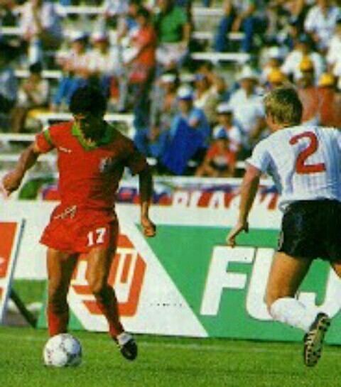 Abderrazak Khairi England 0 Morocco 0 in 1986 in Monterrey Abderrazak Khairi takes on