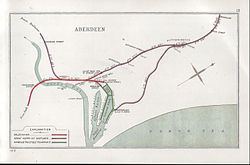 Pre Grouping railway junction around Aberdeen in 1913 map showing (in red) part of the Caledonian Railway, successor to the Aberdeen Railway