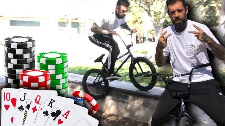 On the left, a deck of cards and poker chips. in the middle, Adam Grandmaison is serious, riding a BMX, at the right he is doing a peace sign, wearing a white shirt, and black pants.