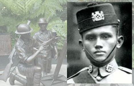 On the left, is a statue of two soldiers. On the right, Lieutenant Adnan Bin Saidi with a serious face and wearing his uniform as a Malayan soldier