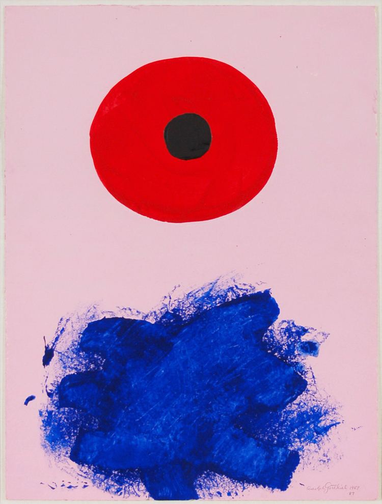 Adolph Gottlieb Abstract Painting, it has a pink background, at the top is a circle filled with red with a black dot inside, below is a dark-blue brushed and splattered randomly.
