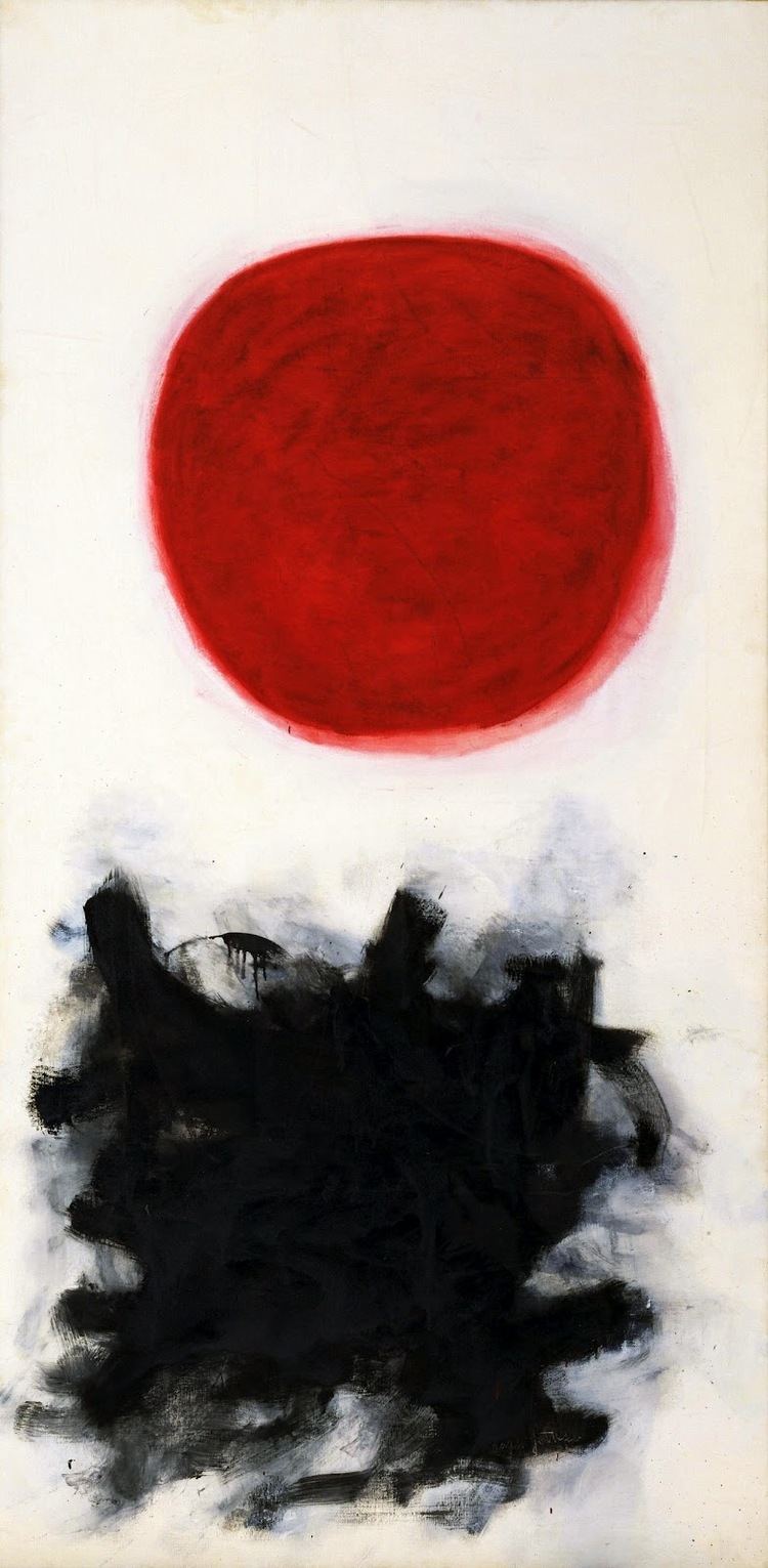 Adolph Gottlieb Abstract Painting, it has a cream background, at the top is a circle filled with red, below is a black brushed and splattered randomly.
,