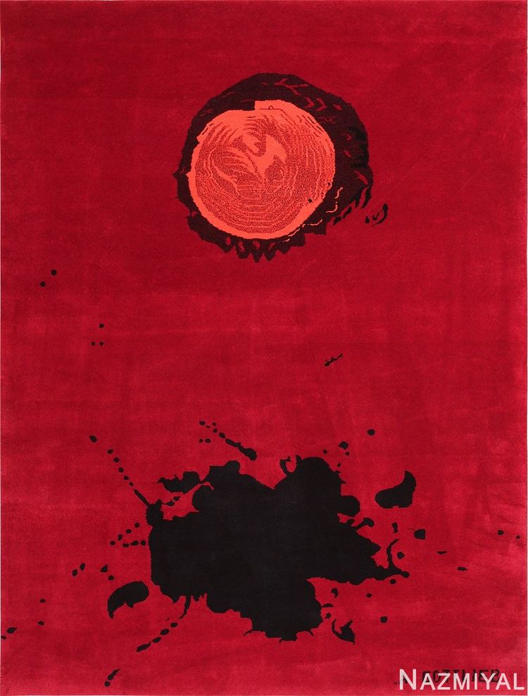 Adolph Gottlieb Abstract Painting, it has a blood-red background, at the top is a dark-maroon circle with an orange poured paint inside, below is a black brushed and splattered randomly.