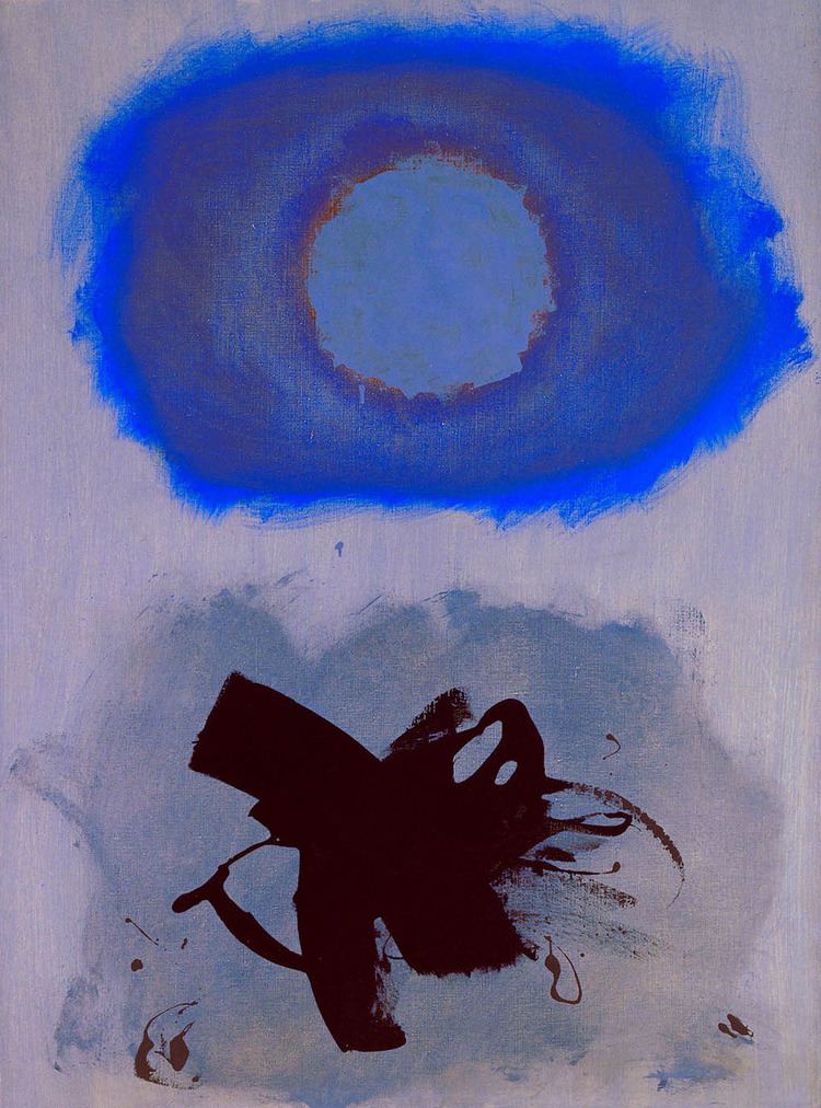 Adolph Gottlieb Abstract Painting called Blues, it has gray background with a light blue circle in the top with a ray shade of red to dark blue and blue outside, at the bottom is an abstract black paint with a shade of a blue, gray,