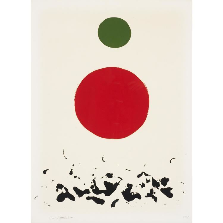 Adolph Gottlieb Abstract Painting, it has a cream-white background, at the top is a small olive green circle in the middle is a medium blood-red circle below is a black brushed and splattered randomly.