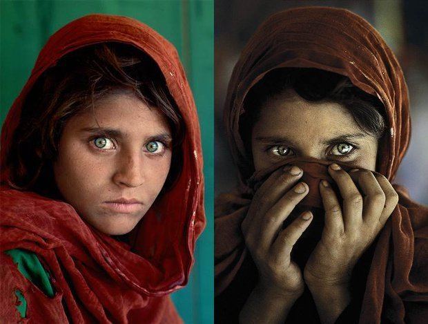 On the left, Afghan Girl with green eyes staring directly into the camera, and wearing a red scarf draped loosely over her head. On the right, an Afghan Girl with green eyes covering her face with a scarf.