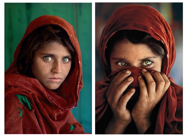 On the left, Afghan Girl with green eyes staring directly into the camera, and wearing a red scarf draped loosely over her head. On the right, an Afghan Girl with green eyes covering her face with a red scarf.