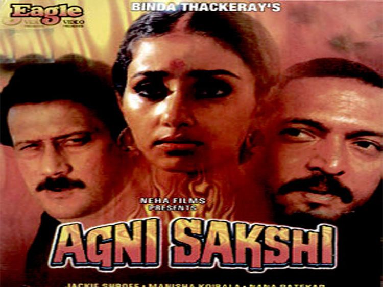 Jackie Shroff, Manisha Koirala, and Nana Patekar in the movie poster of the 1996 Indian Hindi drama film, Agni Sakshi
