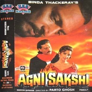 Jackie Shroff, Manisha Koirala, and Nana Patekar in the cover of the audio cassette of the 1996 Indian Hindi drama film, Agni Sakshi