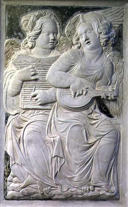 Agostino di Duccio Two putti one playing the psaltery with Agostino di