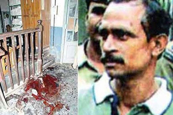 On the left, a crime scene with blood on the floor. On the right, Akku Yadav with a mustache.