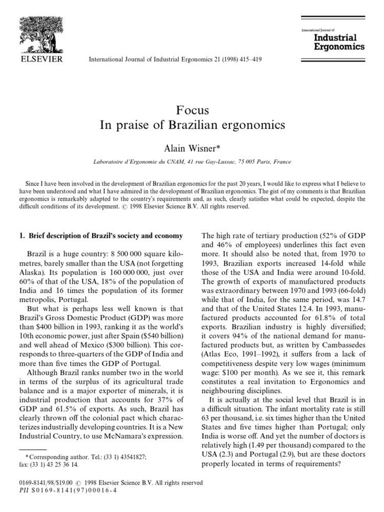 Alain Wisner Alain Wisner In Praise of Brazilian Ergonomics Human Factors And