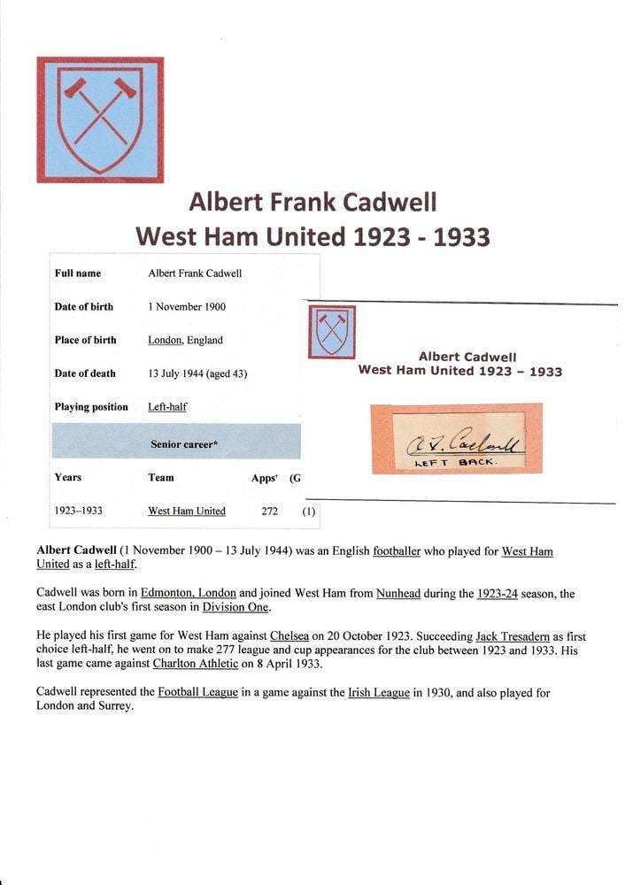 Albert Cadwell ALBERT CADWELL WEST HAM UTD 19231933 VERY RARE ORIGINAL HAND SIGNED