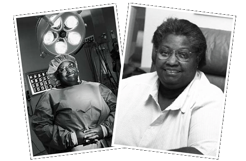 On the left frame is Alexa Canady smiling inside an operating room  and wearing a surgeon's uniform while on the right is Alexa smiling and sitting on a chair, wearing eyeglasses and a white shirt