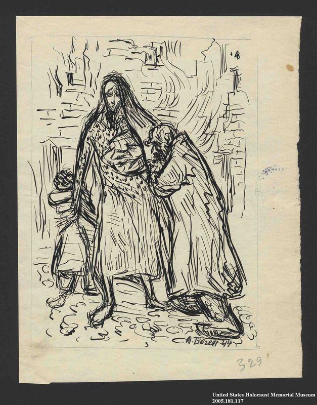 Alexander Bogen Drawing by Alexander Bogen of an old man a woman holding