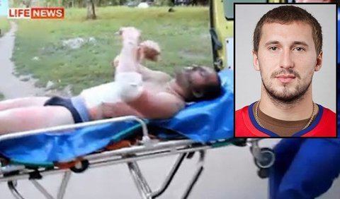 On the left, Alexander Galimov lying on the stretcher while, on the upper right, Alexander Galimov wearing a red and blue t-shirt
